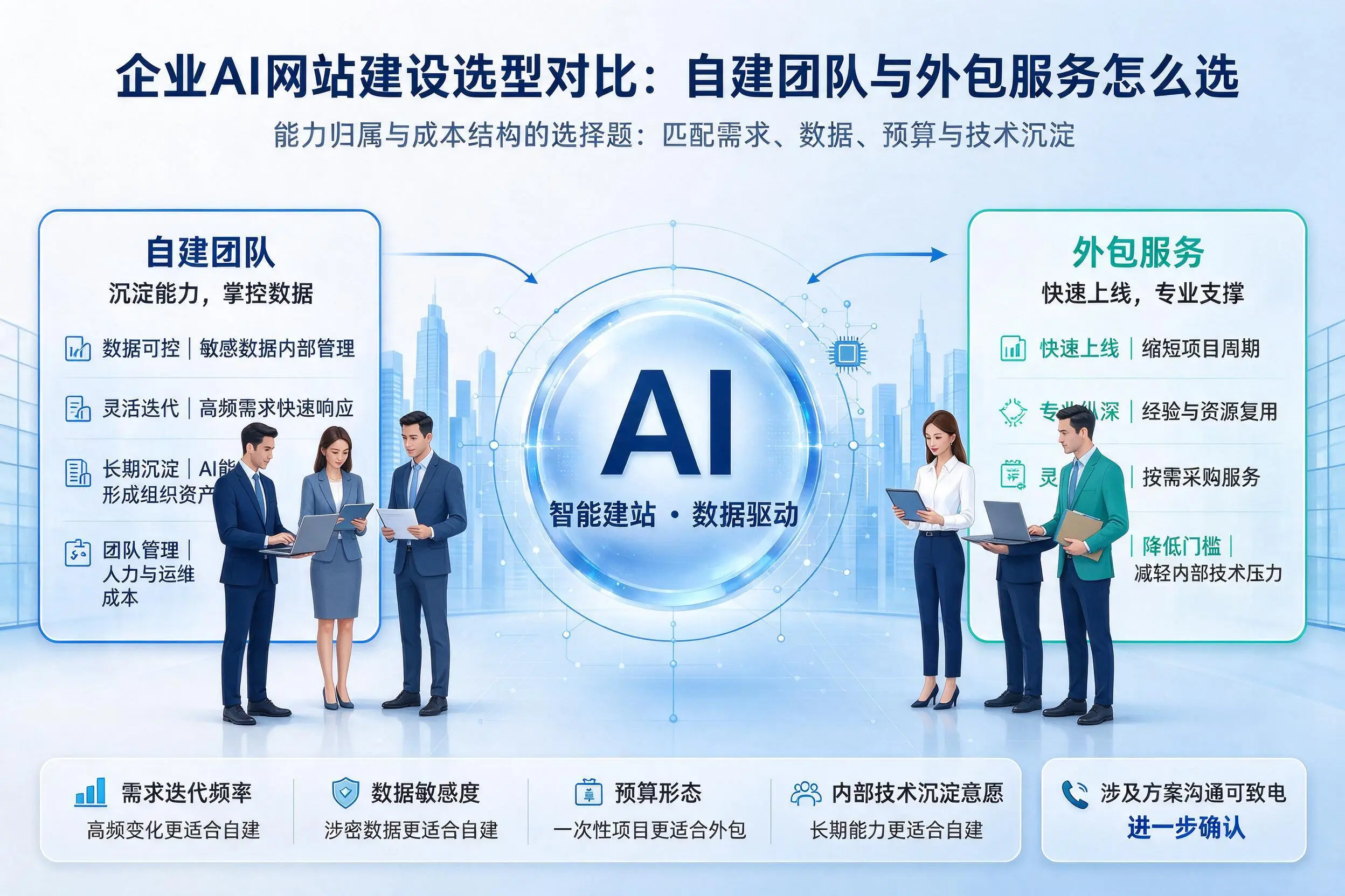 中卫企业AI网站建设选型对比:自建团队与外包服务怎么选